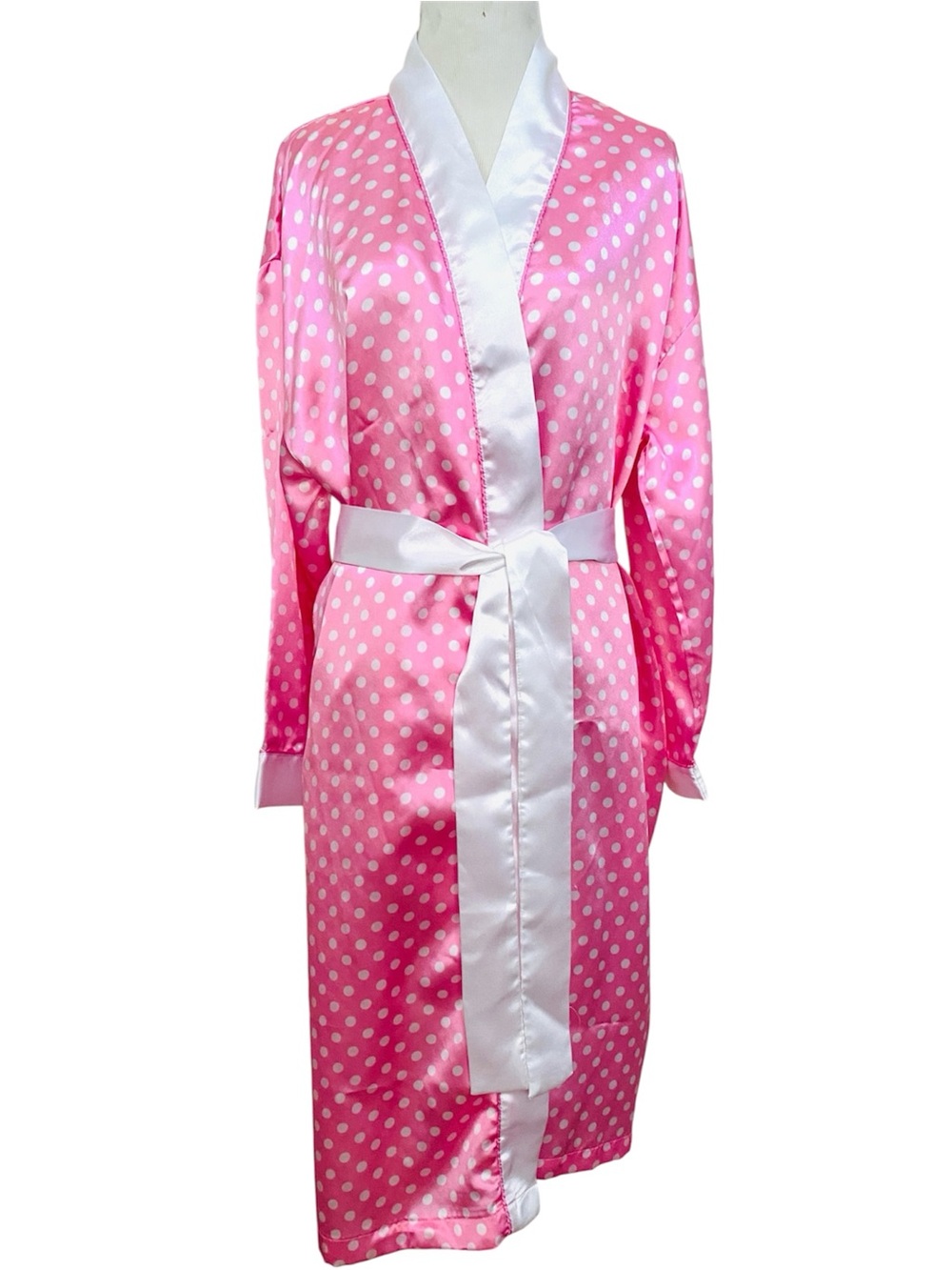 Pink Polka Dot Satin Robe with White Trim - Women's Intimates Pinup Y2K Barbie